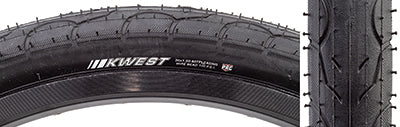 Close-up of a 20x1.5 Kwest Bicycle Tire, highlighting its smooth rounded tread with large water dispersion grooves, designed for enhanced speed, traction, and cornering.