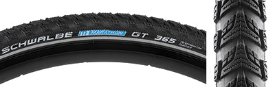 Close-up view of the 20x1.5 Reflective Marathon GT 365 Performance Twin DualGuard Bicycle Tire, showcasing its pronounced corner knobs and reflective sidewall striping, designed for year-round use and E-Bike compatibility.