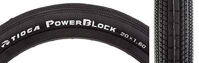 20x1.6 PowerBlock S-Spec Bicycle Tire, featuring white text and a close-up view of its smooth center tread and low-profile directional side lugs designed for excellent cornering on hard pack surfaces.