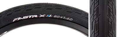 Close-up of the 20x1.6 Fastr-X S-Spec Bicycle Tire showcasing enhanced pressure-sensitive side treads and friction-enhancing texture on the entire tread surface for improved traction.