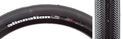 20x1.6 Black TCS R1 Bicycle Tire close-up, showcasing its dual compound directional tread designed for BMX racing, with a firm center and soft shoulders, highlighting the proprietary TCS bead for tubeless systems.