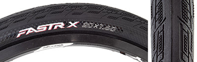 20x1.6 Fastr-X Bicycle Tire, featuring a low-profile design with ultra-smooth centerline and detailed tread pattern, providing enhanced traction and grip suitable for high-performance cycling.