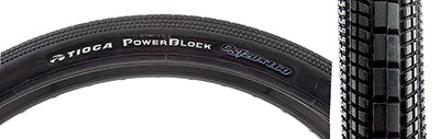 Close-up of a 20x1.6 PowerBlock OS/20 Bicycle Tire, showcasing its tread pattern and durable compound designed for low rolling resistance and efficient power transfer on BMX bikes.