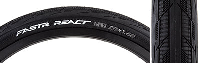 20x1.6 FASTR React Blk Lbl Bicycle Tire close-up showing its serrated shoulder treads and white text on the side, designed for enhanced acceleration and puncture protection.