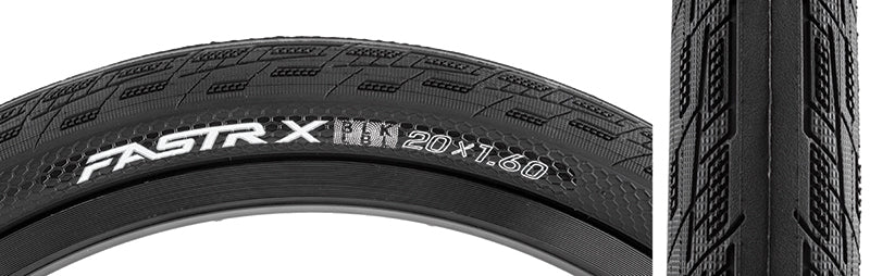 Close-up of a 20x1.6 Fastr-X Blk Lbl Bicycle Tire showcasing detailed tread with Grip-Pods and Nano Knobs for enhanced traction, featuring Cyclex 120 TPI Ultralight casing and puncture protection.