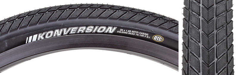 Close-up of 20x1.65 Konversion Elite Bicycle Tire, showcasing its detailed tread pattern and lightweight casing designed for BMX racing.