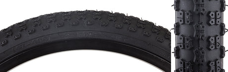 20x1.75 Black/Black MX3 Bicycle Tire close-up showing the durable tread pattern designed for BMX riding, emphasizing its protective casing to prevent pinch flats.