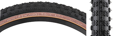 Close-up of a 20x1.75 Black/Tan MX3 Bicycle Tire, highlighting its tread pattern and durable casing designed to prevent pinch flats, ideal for entry-level BMX use.