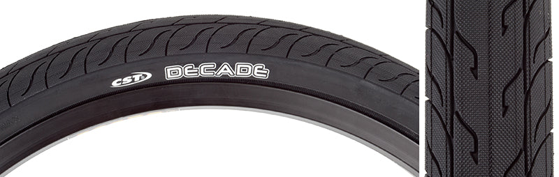 Close-up of the 20x1.75 Decade Bicycle Tire, designed for flatland BMX with a smooth tread profile, ideal for performing tricks without interference.