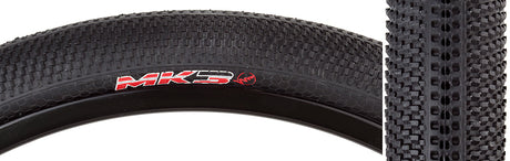 Close-up of the 20x1.75 MK3 Bicycle Tire, showcasing its small knobs for traction and relatively smooth tread for speed.