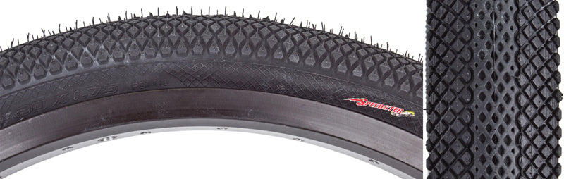 Close-up of the 20x1.75 Black/Black Speedster Bicycle Tire, highlighting its tread pattern designed for speed and minimal drag, ideal for BMX racing, dirt jumps, and urban shredding.