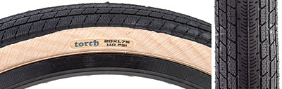 Close-up of the 20x1.75 Torch DC Bicycle Tire showcasing its round profile block tread, micro-textured knobs, and micro-siped center line designed for improved traction on pavement.