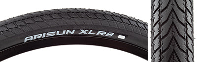 Close-up of the 20x1.75 XLR8 Touring Bicycle Tire showcasing its V-shaped tread pattern designed for precise grip and fast acceleration, with smooth round profile and water-evacuating siping.