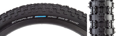 Close-up of the 20x1.75 Mad Mike Active Twin K-Guard Bicycle Tire showcasing its classic tread and puncture-resistant K-guard layer reinforced with Kevlar fibers.