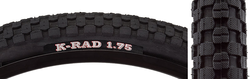 Close-up of the 20x1.75 K-Rad Sport Bicycle Tire, showcasing its checkerboard pattern of micro-knurled square knobs and round profile, designed for street and park use.