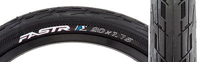 Close-up of the 20x1.75 Fastr-X S-Spec Bicycle Tire, showcasing its pressure-sensitive side treads and friction-enhancing texture for superior traction, designed for ultralight racing with a responsive 120tpi casing.