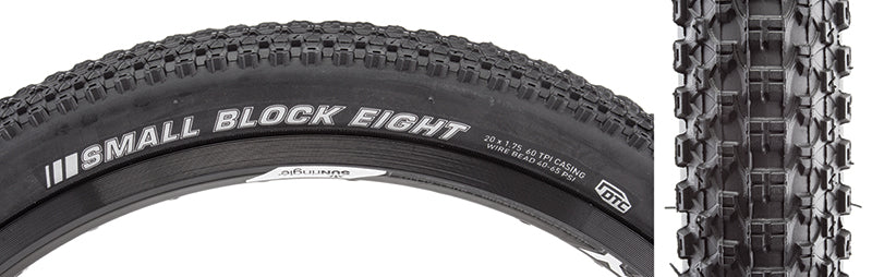 Close-up of the 20x1.75 Small Block 8 Sport Bicycle Tire, showcasing densely packed small knobs for low rolling resistance and responsive acceleration, ideal for hard packed cross country riding.