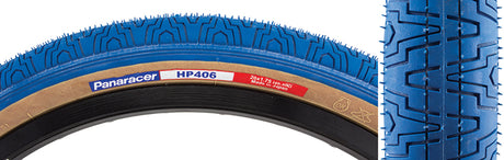 Close-up of the 20x1.75 Blue HP406 Bicycle Tire, highlighting its tread pattern and gum walls for flexibility, designed for excellent grip on pavement.