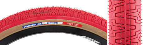 Close-up of a 20x1.75 Red HP406 Bicycle Tire with gum walls and extensive siping for excellent grip.