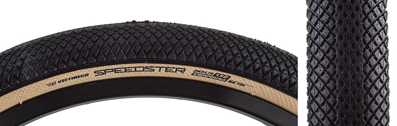 Close-up of the 20x1.75 Black/Tan Speedster Bicycle Tire, showcasing its tread designed for minimal drag and high performance on hard pack or paved terrain, ideal for BMX racing and urban shredding.