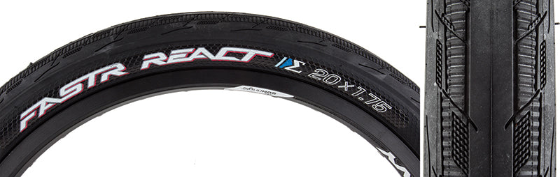 Close-up of the 20x1.75 Fastr React S-Spec Bicycle Tire, featuring serrated-like knobbies and a smooth centerline, designed for optimal grip and minimal rolling resistance during races.