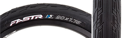 Close-up of a 20x1.75 Fastr S-Spec Bicycle Tire, showcasing its ultra-smooth centerline and distinctive side tread designed for high-performance corner traction and minimal rolling resistance.