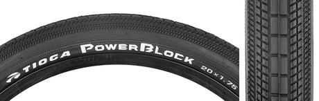 20x1.75 PowerBlock Bicycle Tire shown in close-up, highlighting the tread pattern and white text on the sidewall. Ideal for BMX, featuring low rolling resistance and durable UTC Rubber for enhanced performance.