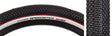 Close-up of the 20x1.75 Black/White Speedster Bicycle Tire featuring a honeycomb center tread, red stripe, and blue banners, designed for BMX and racing with superior speed and tread life.