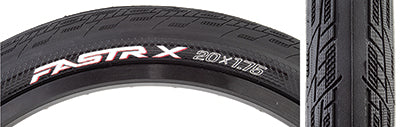 Close-up of a 20x1.75 Fastr-X Bicycle Tire, highlighting its ultra-smooth centerline and pressure-sensitive side treads designed for enhanced corner traction and optimal performance on various track surfaces.