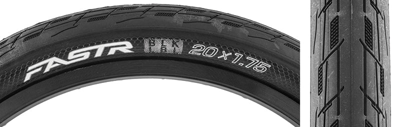 Close-up of a 20x1.75 Fastr Blk Lbl Bicycle Tire showcasing its detailed tread pattern and distinct white text branding, highlighting its advanced design features for enhanced performance and protection.