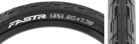 Close-up of a 20x1.75 Fastr Blk Lbl Bicycle Tire showcasing its detailed tread pattern and distinct white text branding, highlighting its advanced design features for enhanced performance and protection.