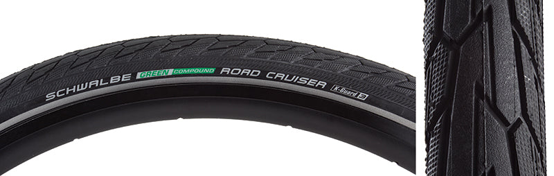 Close-up of a 20x1.75 Reflective Black/Black Road Cruiser Active Twin K-Guard Bicycle Tire showing directional tread, smooth center, and micro-knurled shoulders suitable for road and trekking use.