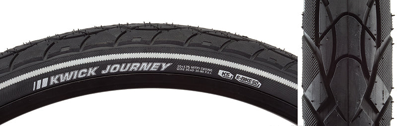 20x1.75 Reflective Kwick Journey Sport KS Bicycle Tire, featuring close-up tread detail, knurled shoulders, and reflective sidewall accents for enhanced night safety. Durable with K-Shield belting for puncture protection.