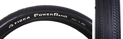 Close-up of a 20x1.85 PowerBand Bicycle Tire, showcasing its sleek design intended to reduce drag and save weight on hardpacked and well-maintained tracks.