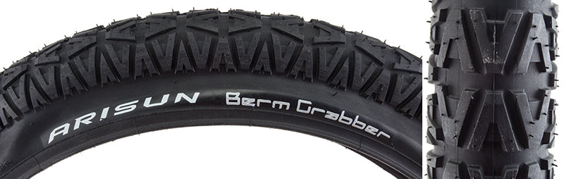 Close-up of the 20x1.85 Berm Grabber Bicycle Tire, showcasing its symmetrical A pattern design and lateral grooved side knobs for superior traction on various surfaces.