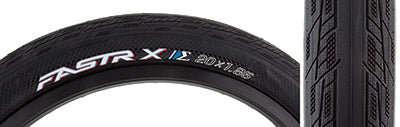 Close-up of a 20x1.85 FASTR-X S-Spec Bicycle Tire, showcasing the detailed pressure-sensitive side treads and friction-enhancing texture for superior traction.