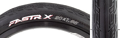 Close-up of a 20x1.85 Fastr-X Bicycle Tire, showcasing its ultra-smooth centerline, pressure-sensitive side tread, and nano knobs for enhanced traction and minimal rolling resistance on various track surfaces.