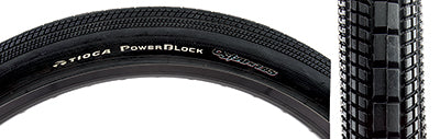 Close-up of the 20x1.85 PowerBlock Bicycle Tire, showcasing its tread pattern and durable compound designed for low rolling resistance and efficient power transfer on a BMX bike.