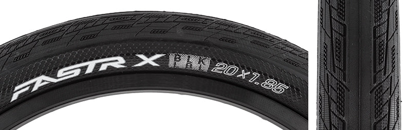 Close-up of the 20x1.85 Fastr-X Blk Lbl Bicycle Tire showcasing intricate Grip-Pods, Nano Knobs, and friction-enhancing tread design, highlighting the advanced features of this high-performance tire.