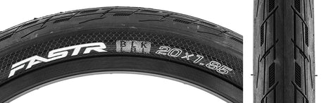 20x1.85 Fastr Blk Lbl Bicycle Tire close-up showing tread pattern and logo, highlighting Grip-Pods, Nano Knobs, and UltraLight casing for enhanced performance and puncture protection.