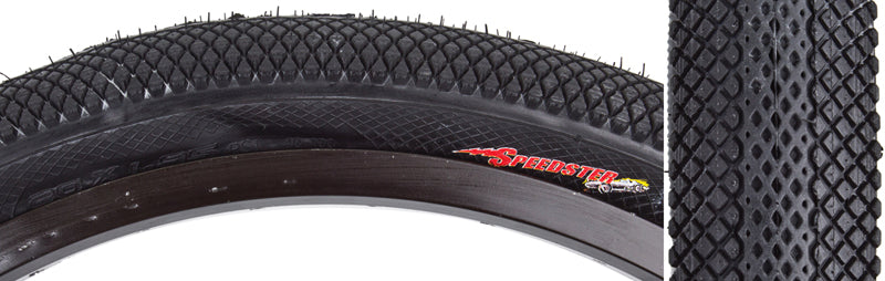 Close-up of the 20x1.95 Speedster Bicycle Tire, showcasing its tread pattern designed for high performance on hard pack or paved terrain, ideal for BMX racing, dirt jumps, and urban shredding.