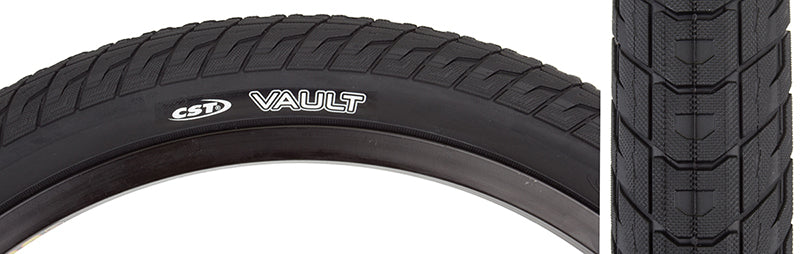 Close-up of a 20x1.95 Vault Bicycle Tire showcasing its textured surface and slightly raised shoulder knobs designed for fast rolling and enhanced traction.