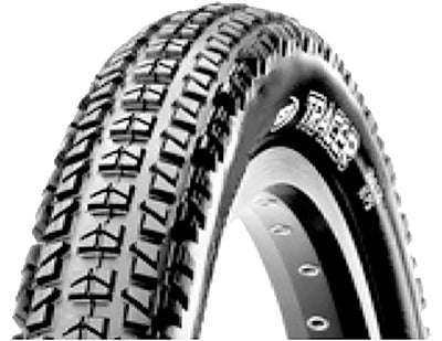 Close-up of a 20x1.95 Tracer Bicycle Tire, highlighting its tread with medium-size, squared-off knobs designed for traction and stability on various terrains.