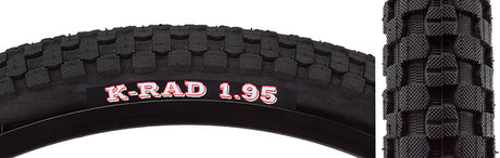 Close-up of the 20x1.95 K-Rad Sport Bicycle Tire, showcasing its checkerboard pattern of micro-knurled square knobs and round profile, designed for street and park use with durable SRC compound.