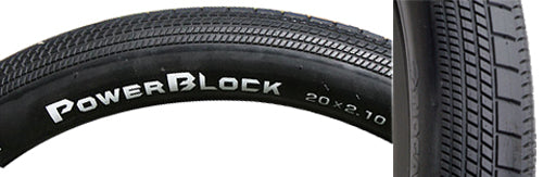 Close-up image of the 20x1.95 PowerBlock Bicycle Tire, showcasing its tread pattern designed for low rolling resistance and durability, ideal for efficient power transfer in BMX riding.