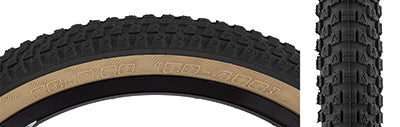 20x2.0 Black/Tan Cub Bicycle Tire featuring a classic BMX street tread design, showcasing a close-up of the black and tan tire with distinct treads and vintage styling from Vee Tire and SE Bikes.