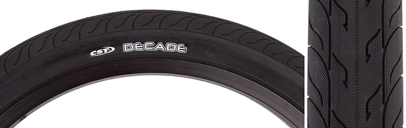 Close-up of the 20x2.0 Decade Bicycle Tire, designed for flatland BMX riding with a smooth profile, ensuring no interference during tricks.