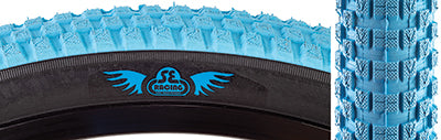 20x2.0 Light Blue Cub Bicycle Tire, showcasing a close-up of its textured tread, designed for durability and all-terrain performance. Collaboration between Vee Tire and SE Bikes with vintage BMX styling.