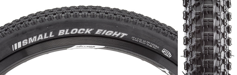 Close-up of a 20x2.1 Small Block 8 Sport Bicycle Tire showcasing densely packed small knobs for low rolling resistance and responsive acceleration, featuring white text on the black tire surface.