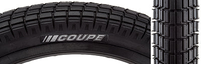 Close-up of a 20x2.1 Coupe Sport DTC/4-PLY BMX tire showcasing densely packed block tread with deep siping, ideal for street riding and stunts.